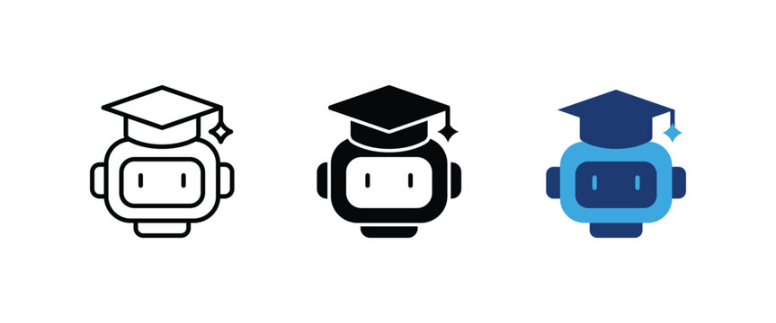AI tutor icon, Artificial intelligence robot teacher symbol, Smart education bot cap graphics, Digital online assistant training elements, Vector illustration