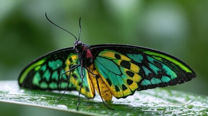 Fototapeta premium Detailed close-up of a birdwing butterfly at rest on a leaf, bright green and golden wing pattern