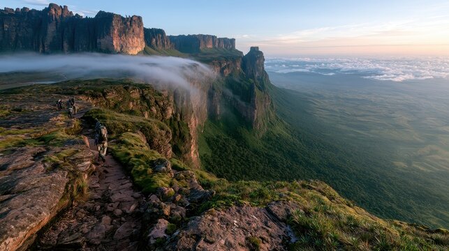 Exploradores no topo do tepui de Monte Roraima ao nascer do sol, n&Atilde;&copy;voa suave e rochas impressionantes