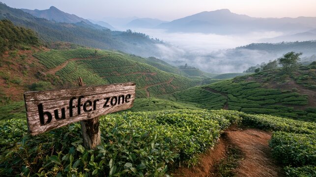 Buffer zone sign perched at the hilltop above emerald tea plantations in Munnar, India