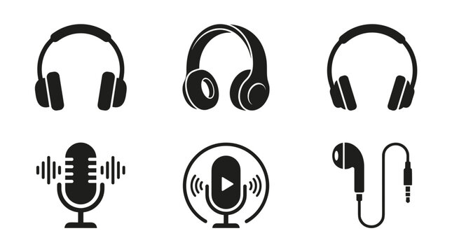 Collection of audio icons including headphones microphones and earbuds