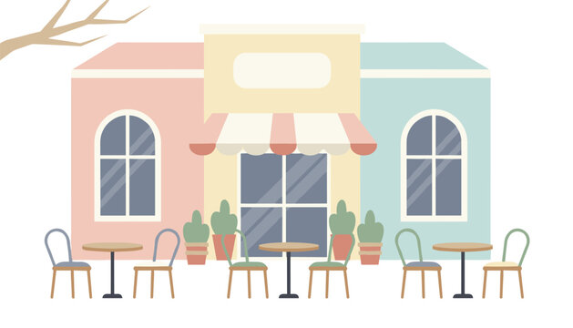 Pastel colored store frontage featuring small cafe tables with bistro chairs and potted plants under a decorative fabric awning.