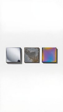 Three textured metal square plates mockup set isolated on white vertical