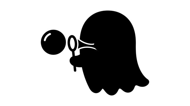 Helloween Black ghost blowing bubble with magnifying glass, eerie icon, dark silhouette, vector illustration vector