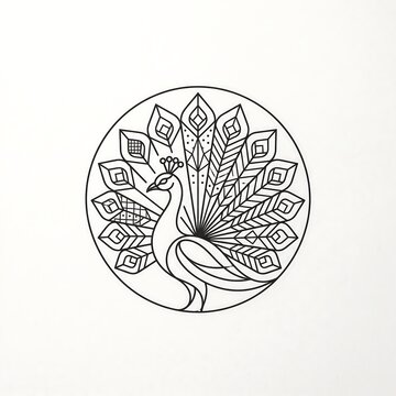 Intricate peacock illustration in a circular frame with a white background