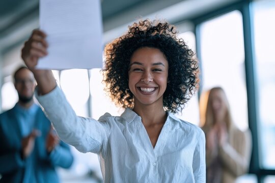 A Clear Sign of Vindication: Document Raised, Colleagues Applauding in a Bright Workplace