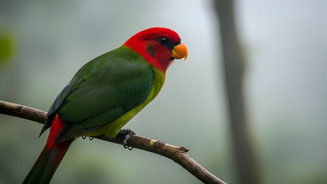 Vibrant green and red parrot perched on branch with blurred natural background colorful bird with orange beak