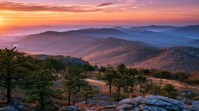 Dusk Above the Ozarks: Broad Valley, Warm Colors, and Distant Silhouetted Peaks in Arkansas