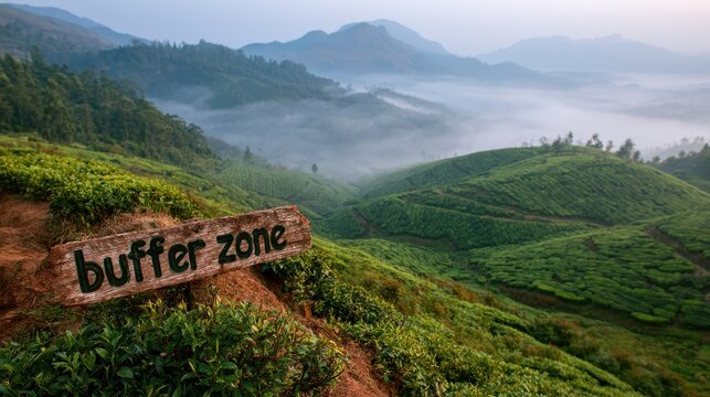 Emerald tea terraces cascade down a hillside with a buffer zone sign at the crest