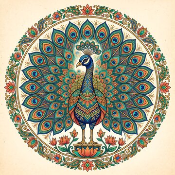 Intricate peacock illustration with floral mandala design in vibrant colors and detailed patterns