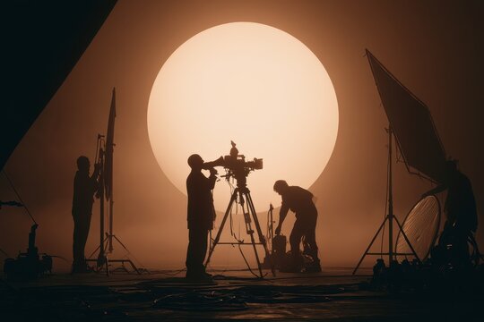 Cinematic silhouette of a film crew on a studio set with backlighting and haze