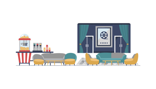 Cinema lobby lounge with popcorn maker and refreshment area next to cozy seating furniture featuring film reel poster on dark blue wall.