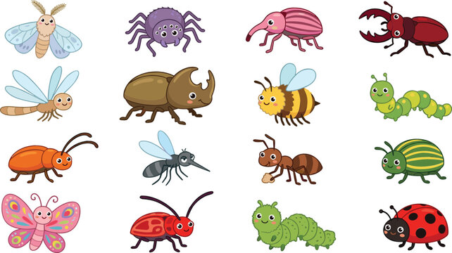 Cute cartoon insects and bugs vector set featuring butterfly bee ladybug caterpillar spider stag beetle ant and dragonfly isolated on white background