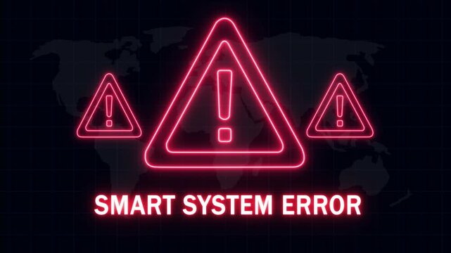Smart system error alert notification with glowing neon red warning triangles and digital map background, for cybersecurity, network, failure, data breach, and global technology, infrastructure issues