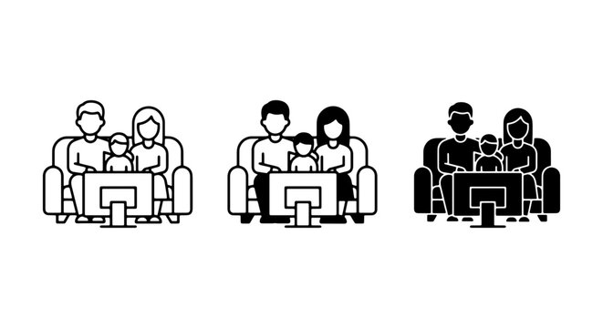 Family Watching TV Icons, Three Styles: Outline, Filled, Silhouette. Modern Vector Graphics for Entertainment and Home Media Concepts.