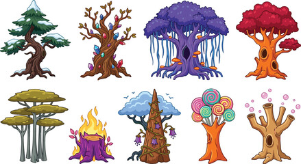 Fantasy magic trees vector set featuring crystal candy snow and hollow fairytale forest game assets isolated on white background © Rumi