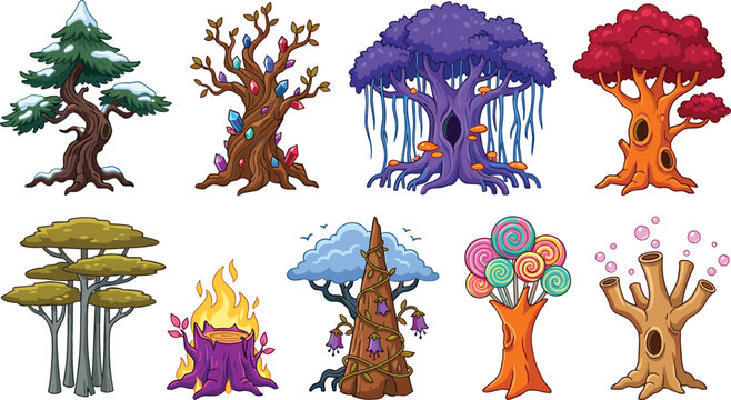 Fantasy magic trees vector set featuring crystal candy snow and hollow fairytale forest game assets isolated on white background