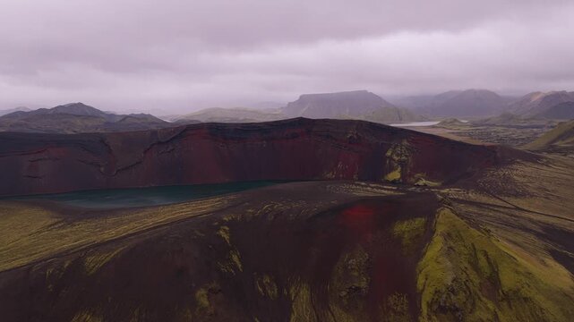 Scenic View Of Ljotipollur Explosion Crater And Crater Lake In The South Highlands Of Iceland. aerial overview