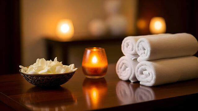 Relaxing spa setup with rolled towels candle and bath salts on wooden table