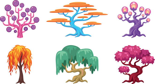 Fantasy magic trees vector set featuring colorful alien bioluminescent fantasy forest and fairytale plant game assets isolated on white background