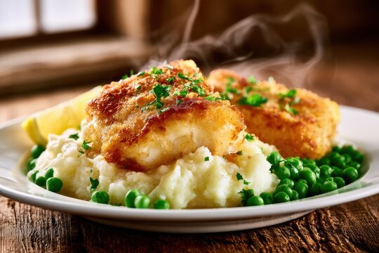 Golden haddock fillets served with mashed potatoes, peas, and a lemon wedge for a comforting seafood dinner