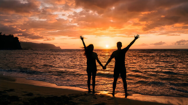 Energetic silhouette of a couple standing on a stunning sandy beach at sunset, arms enthusiastically raised in joyful celebration against a breathtaking orange and yellow sky, with calm ocean waters a