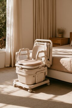Cozy bedroom scene with a bedside commode for accessible in-room care