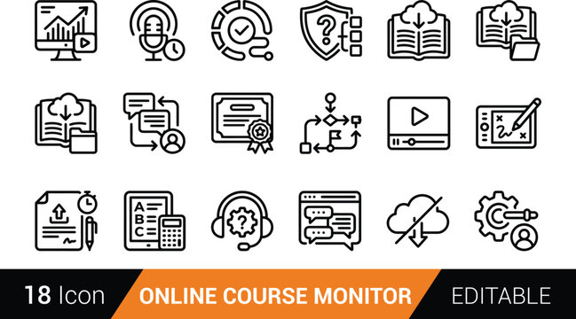 Set of eighteen thin line icons for online education courses and digital learning technology isolated on transparent background, Vector
