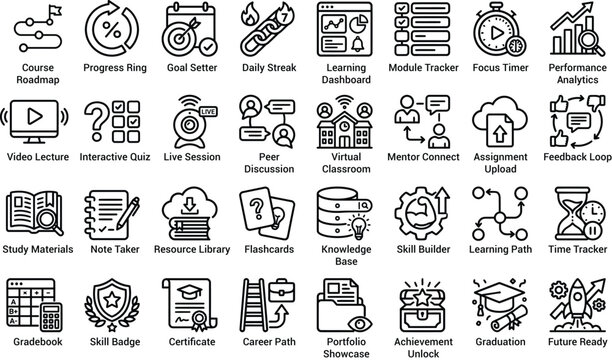 Set of online education and e-learning icons showing study tools and digital classroom features isolated on transparent background, Vector