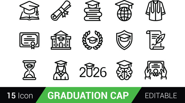 Set of graduation cap and academic education line icons for school and university events isolated on transparent background, Vector
