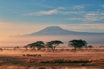 Naklejka premium Golden hour on the savanna with a distant mountain peak and grazing wildlife