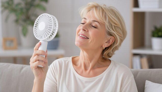Mature blonde woman cooling herself with a portable handheld fan. Happy female finding relief from heat at home