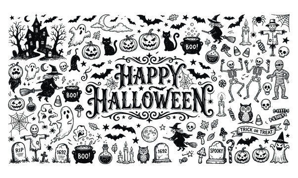 Vintage Happy Halloween greeting typography design with hand drawn holiday doodles