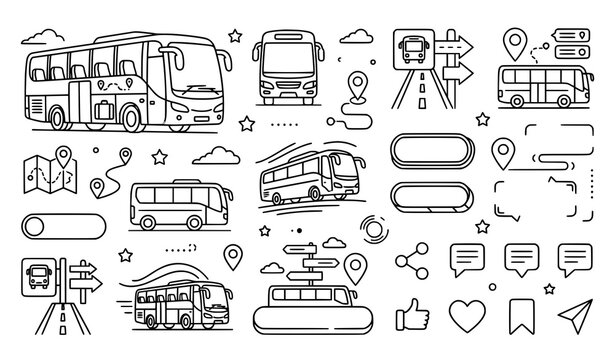 Bus travel and tourism line art icons set for commercial design