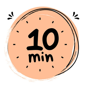 10 Minute Timer Hand Drawn Clock Icon, Ten Min Countdown, Cute Doodle Stopwatch, Cartoon Time Badge, Round Timer Label, Transparent Background Vector