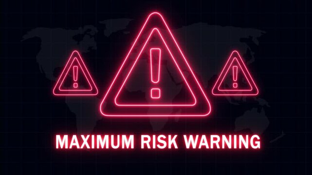 Dynamic maximum risk warning neon sign animation featuring glowing exclamation triangles and global map background, for cybersecurity, financial, crisis, emergency alerts, and critical system failure