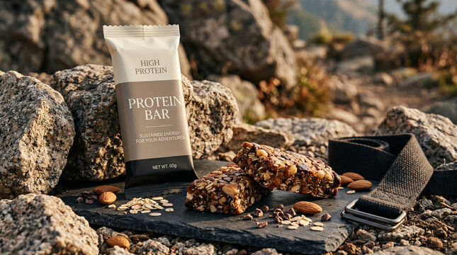 A packaged protein bar is displayed on natural rocks beside an unwrapped energy bar, almonds, oats, and fitness accessories, creating a rugged outdoor nutrition and active-lifestyle product scene.