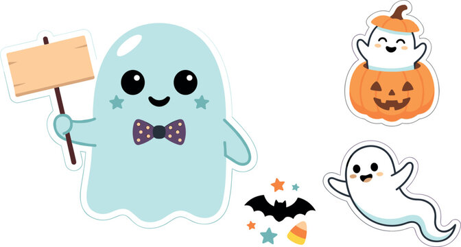 Cute Halloween Ghost Sticker Vector Set with Friendly Spooks Pumpkin Jack O Lantern Empty Wooden Sign Bat and Candy Corn Elements for Kids Greeting Card DesignsCute Halloween Ghost Sticker Vector Set 
