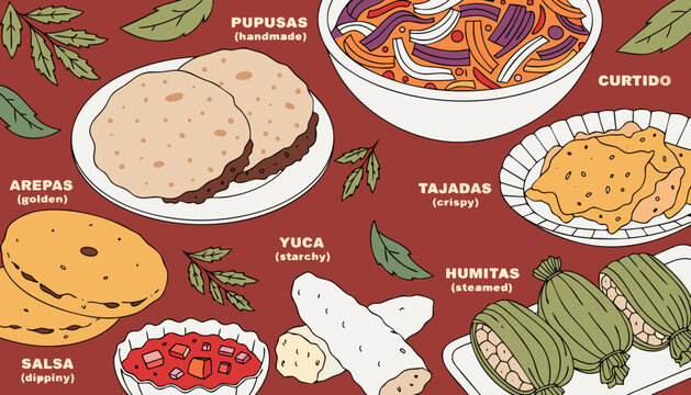 Latin American food icons, traditional dishes, pupusas, arepas, tacos, vector illustrations, culinary symbols