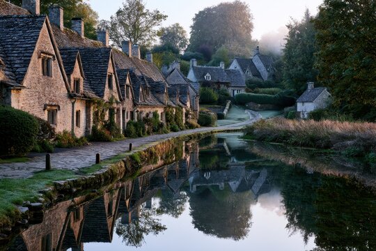 Golden hour in the English countryside: Bibury village street and rippling reflections