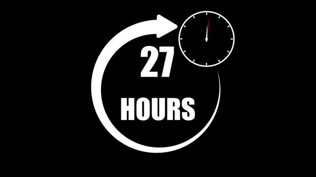White number and mini clock icon 27 Hours a circular arrow graphic on a black background,with 4k video animation.