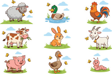 Obraz premium Cute cartoon farm animals vector set with sheep duck rooster cow rabbit goat pig goose and caterpillar playing with butterflies isolated on white background
