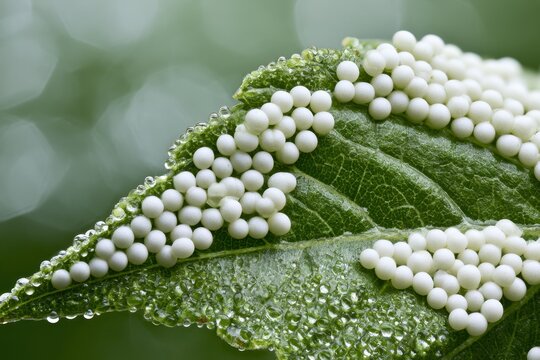 Detailed photography of tiny white silkworm eggs on leaf surface with dew