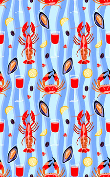 Seamless pattern with lobster, crab, seafood, and wine on blue wavy background for summer restaurant menu