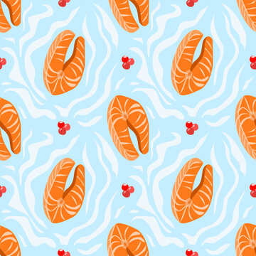 Seamless pattern with salmon steaks and red berries on light blue abstract water background