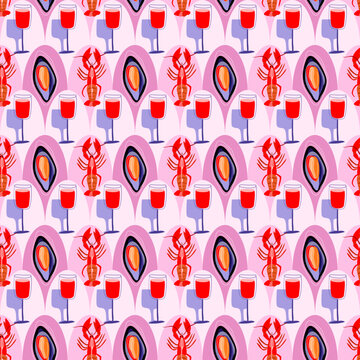 Seamless pattern with lobster, mussels and wine glasses on pink abstract background for seafood menu