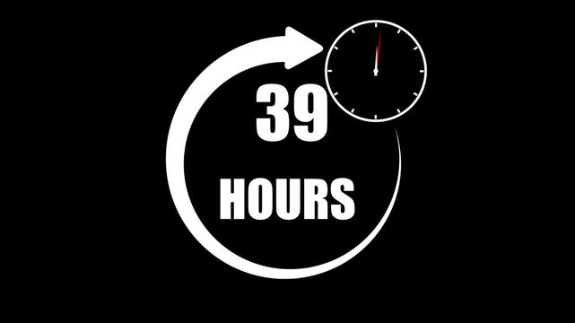 White number and mini clock icon 39 Hours a circular arrow graphic on a black background,with 4k video animation.