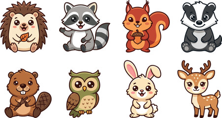 Fototapeta premium Cute Woodland Animals Vector Cartoon Sticker Set Featuring Forest Characters on White Background