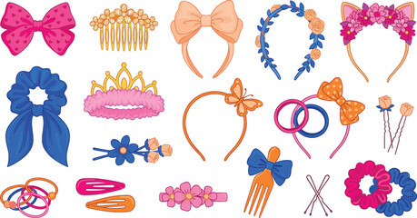 Cute girl hair accessories vector set featuring colorful bows headbands tiaras scrunchies bobby pins and clips isolated on white background © Rumi