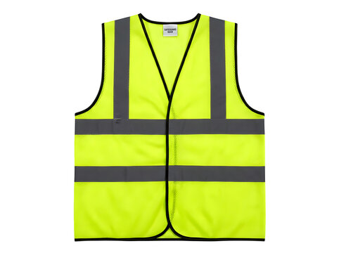 High visibility yellow neon safety vest featuring reflective grey stripes and durable mesh fabric construction displayed on transparent background